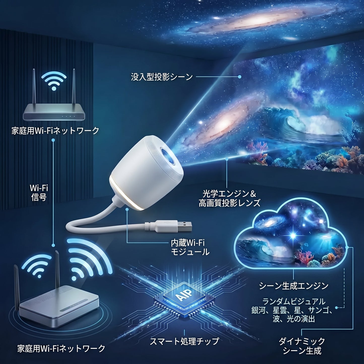 🌘𝑺𝑪𝑵𝑫𝑹® 次世代スマート投影HD搭載 スマートダイナミック5Dホログラフィックナイトライトプロジェクター