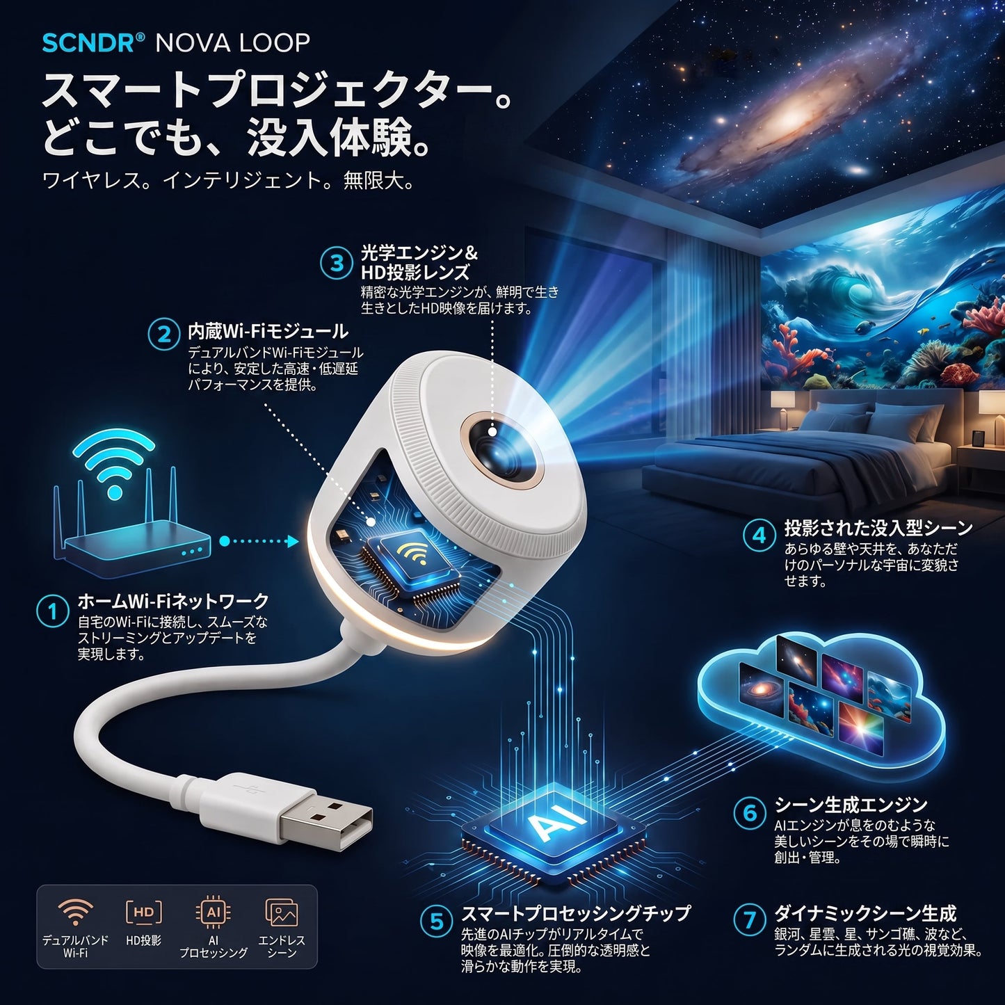 🌘𝑺𝑪𝑵𝑫𝑹® 次世代スマート投影HD搭載 スマートダイナミック5Dホログラフィックナイトライトプロジェクター