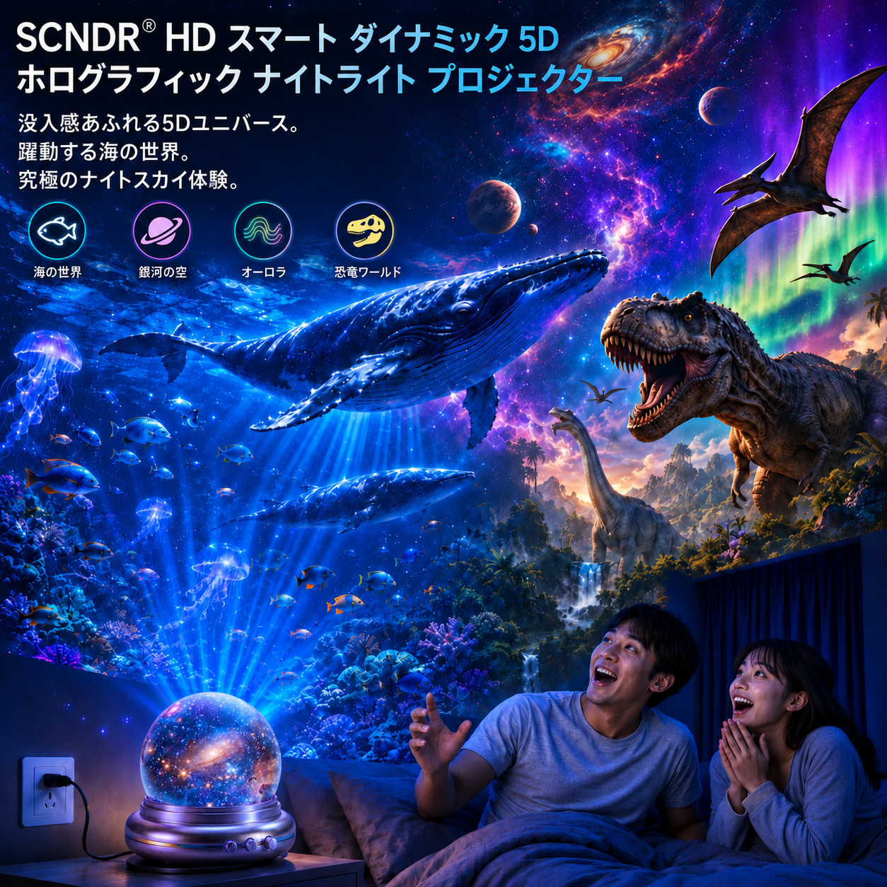 SCNDR® 🦕🦕5Dホログラフィック プロジェクター — 恐竜・星空・海の世界を再現！部屋が躍動する没入型ナイトライト