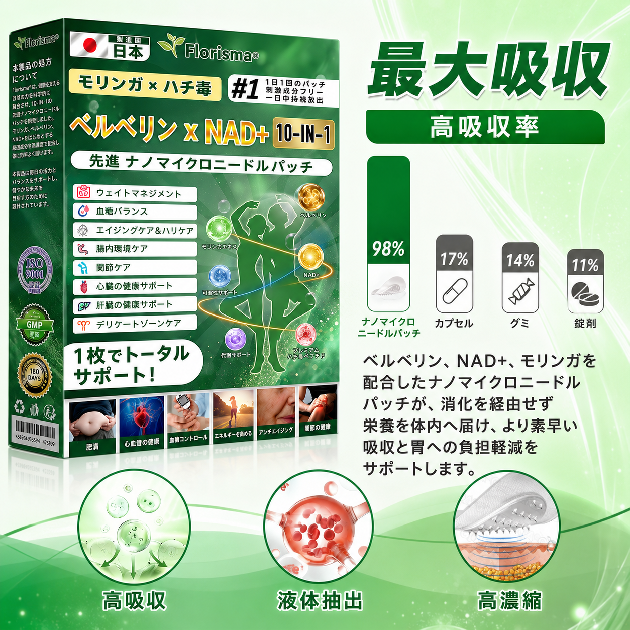 公式ストア 🇯🇵  | 🧑‍⚕️🩺 𝐅𝐥𝐨𝐫𝐢𝐬𝐦𝐚® モリンガ ベルベリン × NAD + 10-IN-1 先進 ナノ マイクロニードル パッチ — 1日1回、7日で目に見える効果が現れます