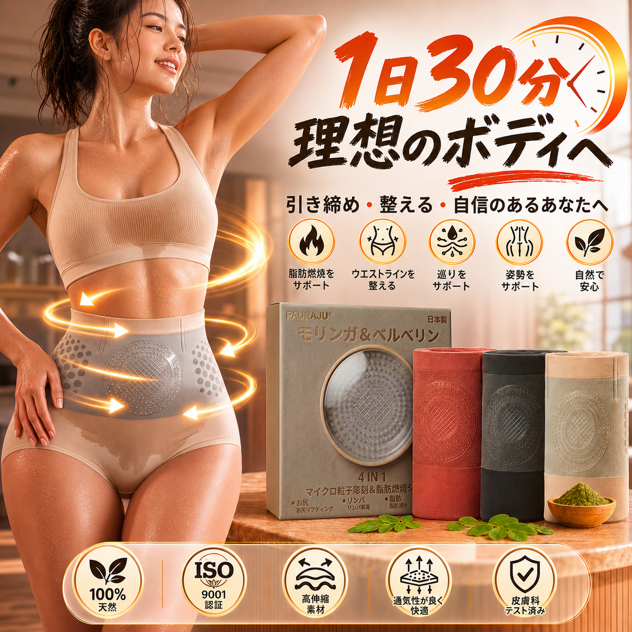 🫛🫛公式ブランドショップ |𝐏𝐀𝐔𝐑𝐀𝐉𝐔® 2026 モリンガ＆ベルベリン 4-in-1 マイクロ粒子ボディスカルプト＆脂肪燃焼ショートパンツ